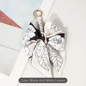 Black and White Floral Bow Bag Charm/Key Chain